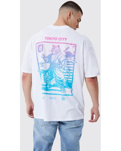 BoohooMAN Tall Oversized Extended Neck Tokyo T-shirt - White