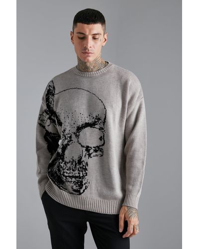 BoohooMAN Butterfly Skull Knitted Sweater - Grey
