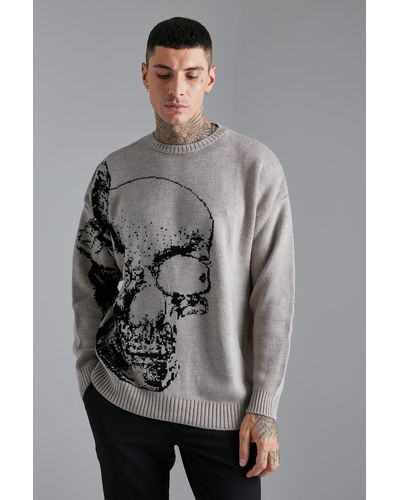 Boohoo Butterfly Skull Knitted Sweater - Grey