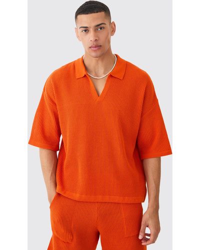 BoohooMAN Boxy Short Sleeve Ribbed Knit Polo - Orange