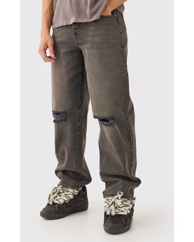 Boohoo Baggy Rigid Brown Wash Ripped Knee Jeans - Gris
