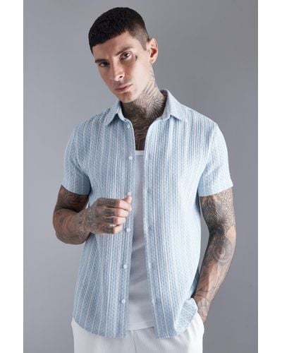 BoohooMAN Short Sleeve Textured Stripe Shirt - Grey
