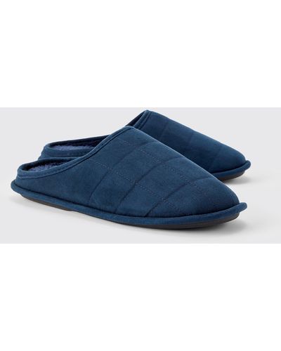 BoohooMAN Velour Quilted Slippers - Blue