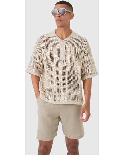 BoohooMAN Oversized Open Stitch Deep Revere Knit Polo - Natural