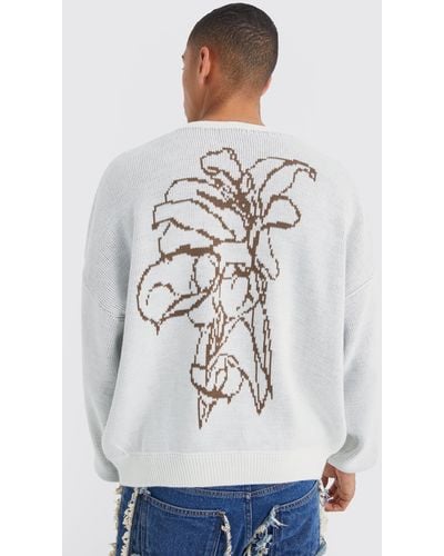 BoohooMAN Boxy Line Graphic Flower Knitted Sweater - Gray
