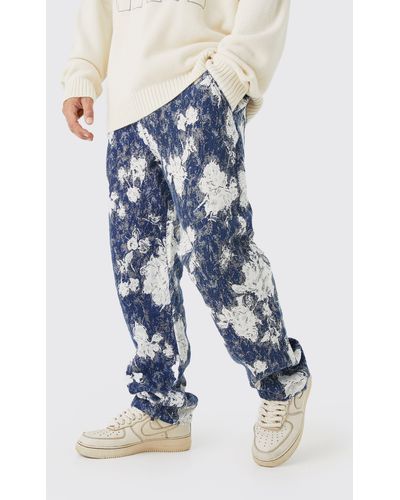 BoohooMAN Relaxed Fit Tapestry Trouser - Blue
