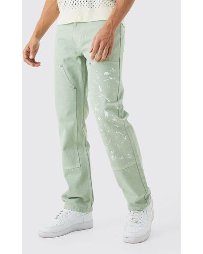 BoohooMAN Relaxed Rigid Carpenter Paint Splatter Overdyed Jeans - Green