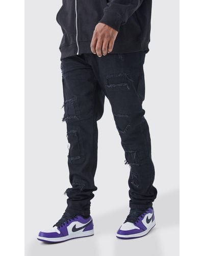 BoohooMAN Plus Skinny Stacked Distressed Ripped Jeans - Blue