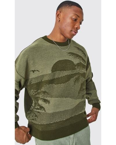 BoohooMAN Oversized Boxy Drop Shoulder Graphic Sweater - Green