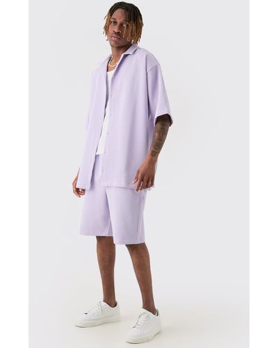 BoohooMAN Tall Oversized Short Sleeve Pleated Shirt & Short In Lilac Set - Purple