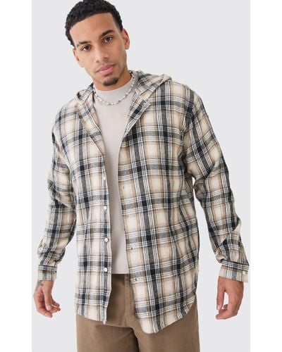 BoohooMAN Long Sleeve Oversized Hooded Button Through Check Shirt - Multicolor