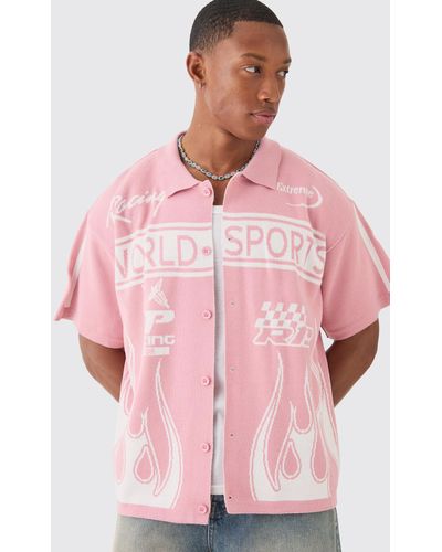BoohooMAN Boxy Fit Knitted Moto Shirt - Pink