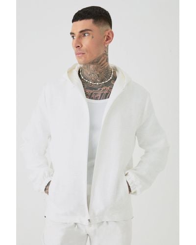 BoohooMAN Tall Textured Cotton Jacquard Smart Hooded Jacket - White