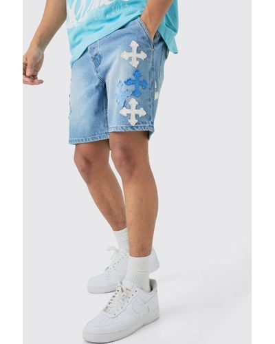 BoohooMAN Slim Rigid Applique Denim Shorts In Light Blue