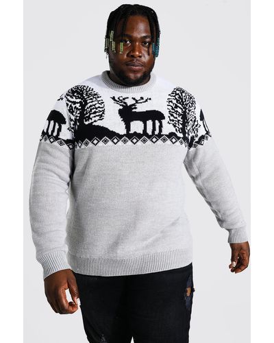 BoohooMAN Plus Size Fairisle Knitted Christmas Sweater - Gray