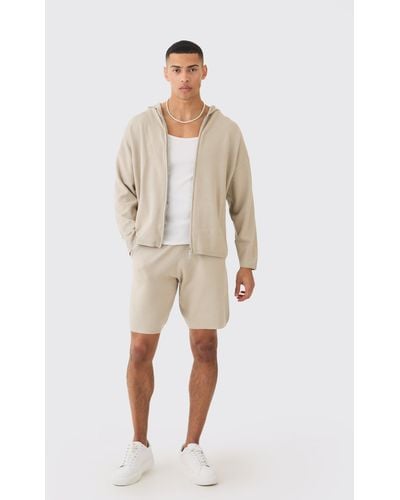 BoohooMAN Knitted Zip Through Hooded Short Tracksuit - Natural