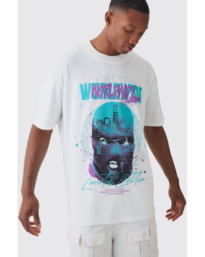BoohooMAN Oversized Extended Neck Worldwide Distressed T-shirt - White