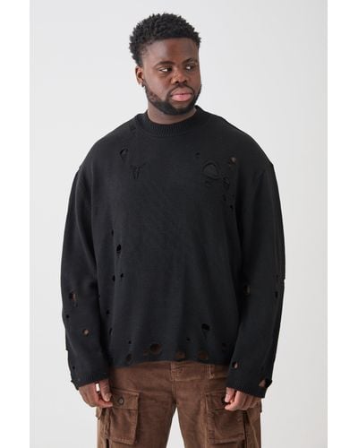 BoohooMAN Plus Oversized Distressed Drop Shoulder Knitted Jumper In Kh - Black