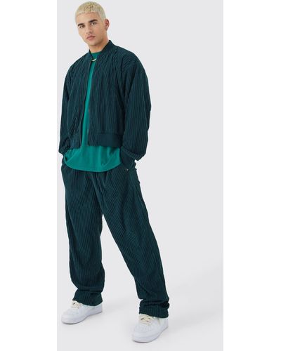 BoohooMAN Chenille Rib Boxy Bomber Jacket & Relaxed Waist Trouser Set - Green