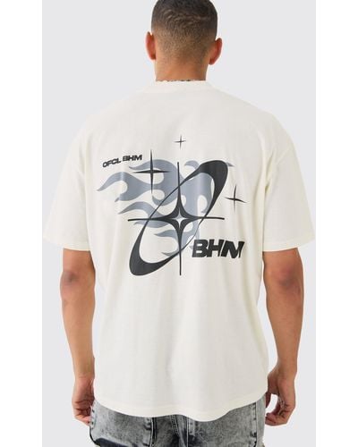 BoohooMAN Oversized Boxy Extended Necl Bhm Flame T-shirt - White