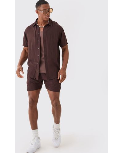 BoohooMAN Short Sleeve Cheese Cloth Shirt And Short Set - Rot