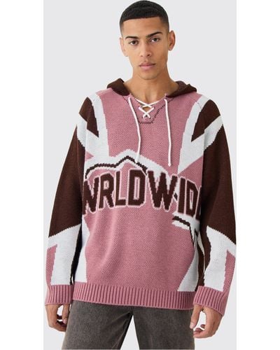 BoohooMAN Oversized Lace Up Hockey Jumper With Hood - Pink