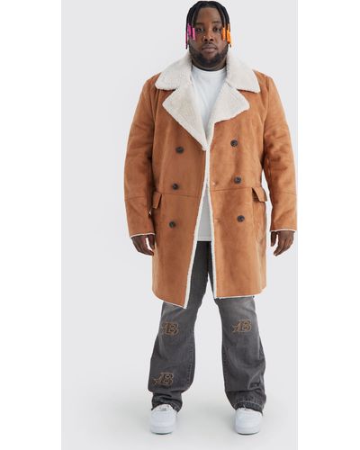 BoohooMAN Plus Borg Lined Double Breasted Overcoat In Tan - Natural