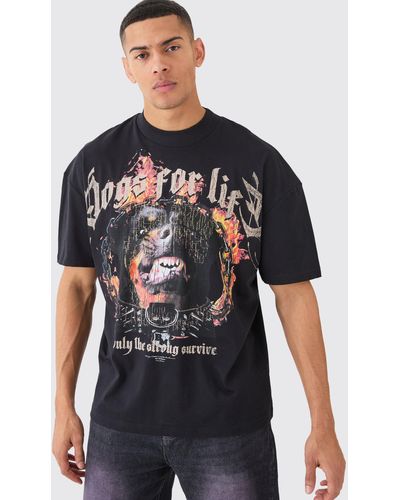 BoohooMAN Oversized Distressed Dog Graphic Heavyweight T-shirt - Schwarz