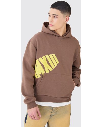 BoohooMAN Oversized Boxy Borg Applique Hoodie - Brown