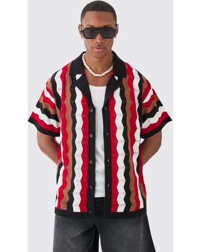 BoohooMAN Oversized Boxy Revere Open Knit Stripe Shirt In Red