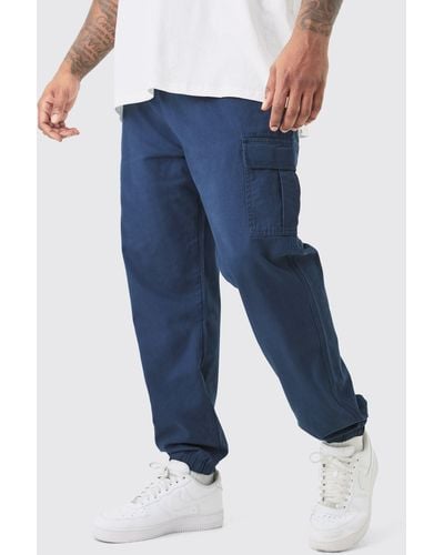 BoohooMAN Plus Elastic Waist Twill Slim Fit Cargo Trouser - Blau