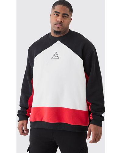 BoohooMAN Plus Oversized Colour Block Branded Sweatshirt In White - Rot