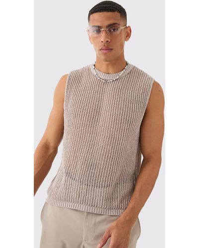 BoohooMAN Oversized Open Stitch Tank In Stone - White