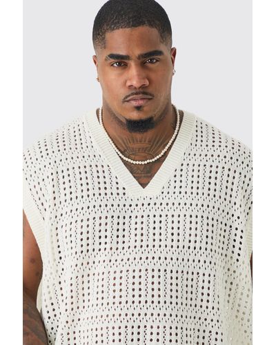 BoohooMAN Plus Oversized Crochet Knit Sweater Tank In Ecru - White