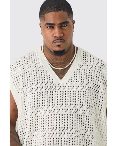 BoohooMAN Plus Oversized Crochet Knit Jumper Tank In Ecru - White