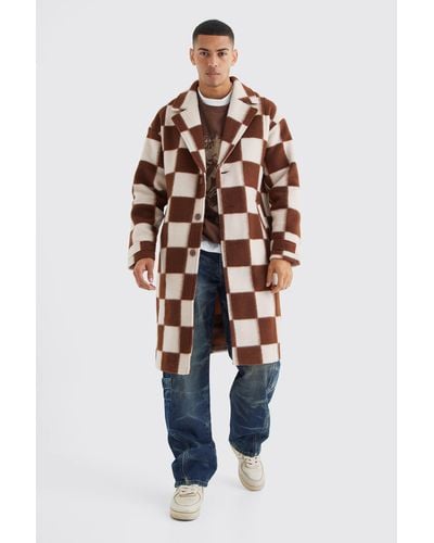 BoohooMAN Wool Look Checkerboard Single Breasted Overcoat - Blue