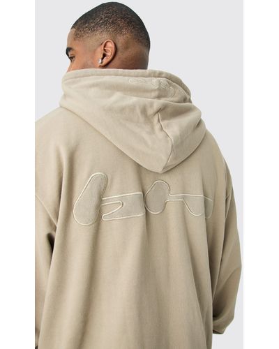 BoohooMAN Plus Oversized Loopback Ribbed Applique Hoodie - Natur