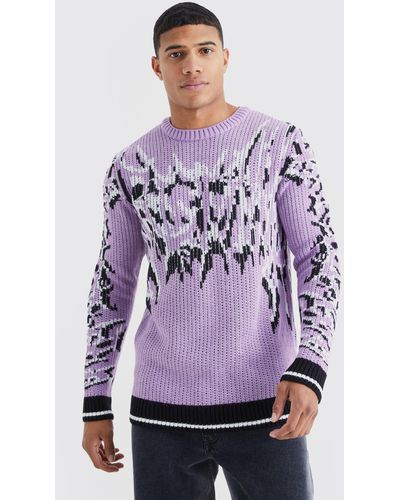 BoohooMAN Ribbed Gothic Print Knit Sweater - Purple