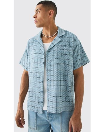 BoohooMAN Boxy Textured Grid Flannel Shirt - Blue
