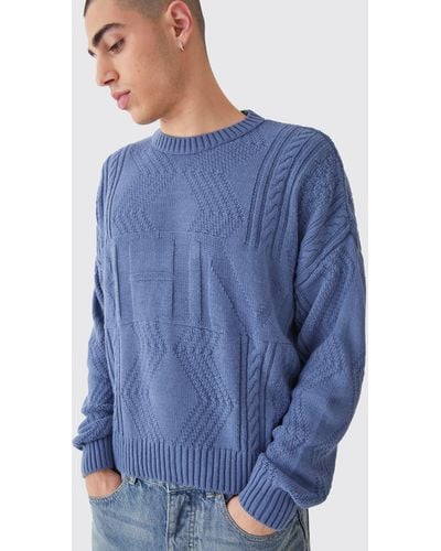 BoohooMAN Oversized Boxy Bhm Cable Knit Jumper - Blue