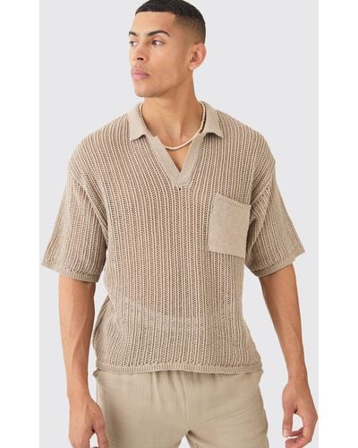 BoohooMAN Oversized Boxy Open Stitch Polo With Pocket In Taupe - Natural