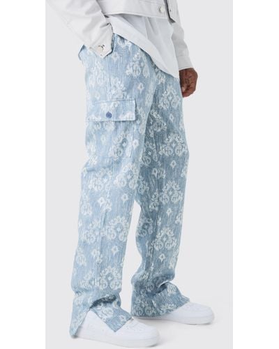 BoohooMAN Tall Elasticated Waist Split Hem Tapestry Cargo Trouser - Blue