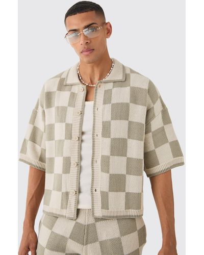 BoohooMAN Oversized Boxy Flannel Knitted Shirt - Natural