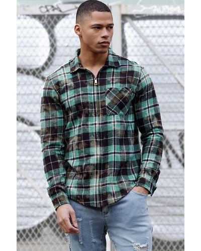 BoohooMAN Zip Through Washed Checked Shirt - Multicolour