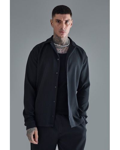 BoohooMAN Tall Drop Revere Long Sleeve Pleated Shirt In Black - Grey