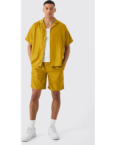 BoohooMAN Short Sleeve Boxy Soft Twill Shirt And Short - Yellow