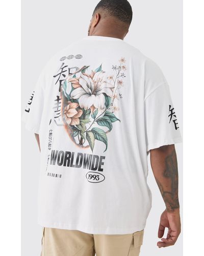 BoohooMAN Plus Floral Sleeve Print T-shirt In White