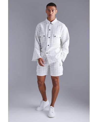 Boohoo Long Sleeve Boxy Check Shirt & Cargo Short Set - Grey