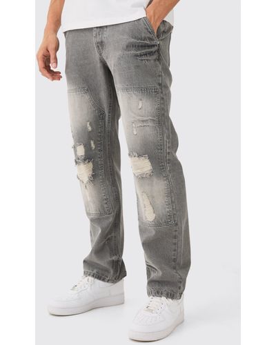 BoohooMAN Relaxed Rigid Ripped Carpenter Jeans In Mid Grey - Grau