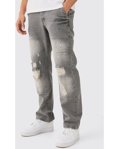 BoohooMAN Relaxed Rigid Ripped Carpenter Jeans In Mid Grey